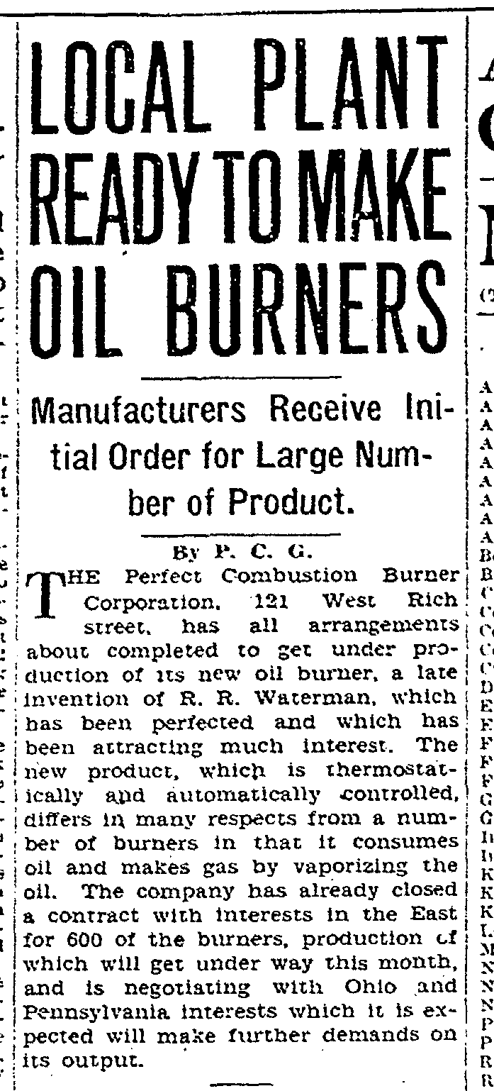 Perfect Combustion Burner Corporation, Columbus Dispatch, August 12, 1929